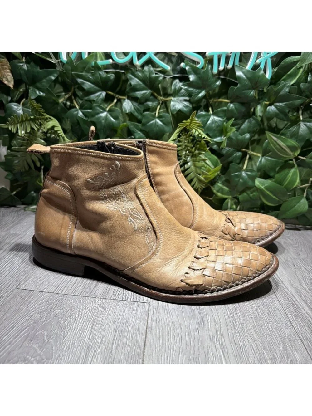 Vintage True Religion Ankle Men’s Woven Embroidery Zipper Brown Leather Sz 11.5